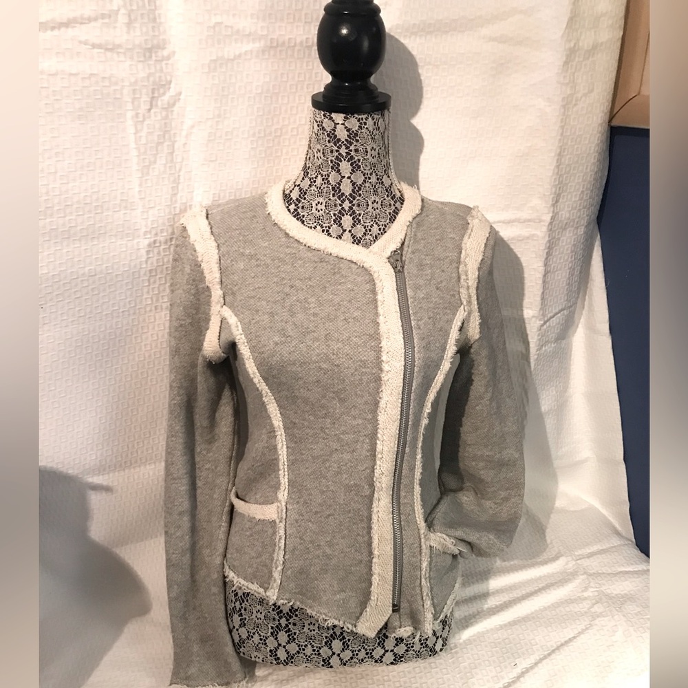 Lucky Brand Gray Full Zip Sweater with beautiful designer distressed trim size M